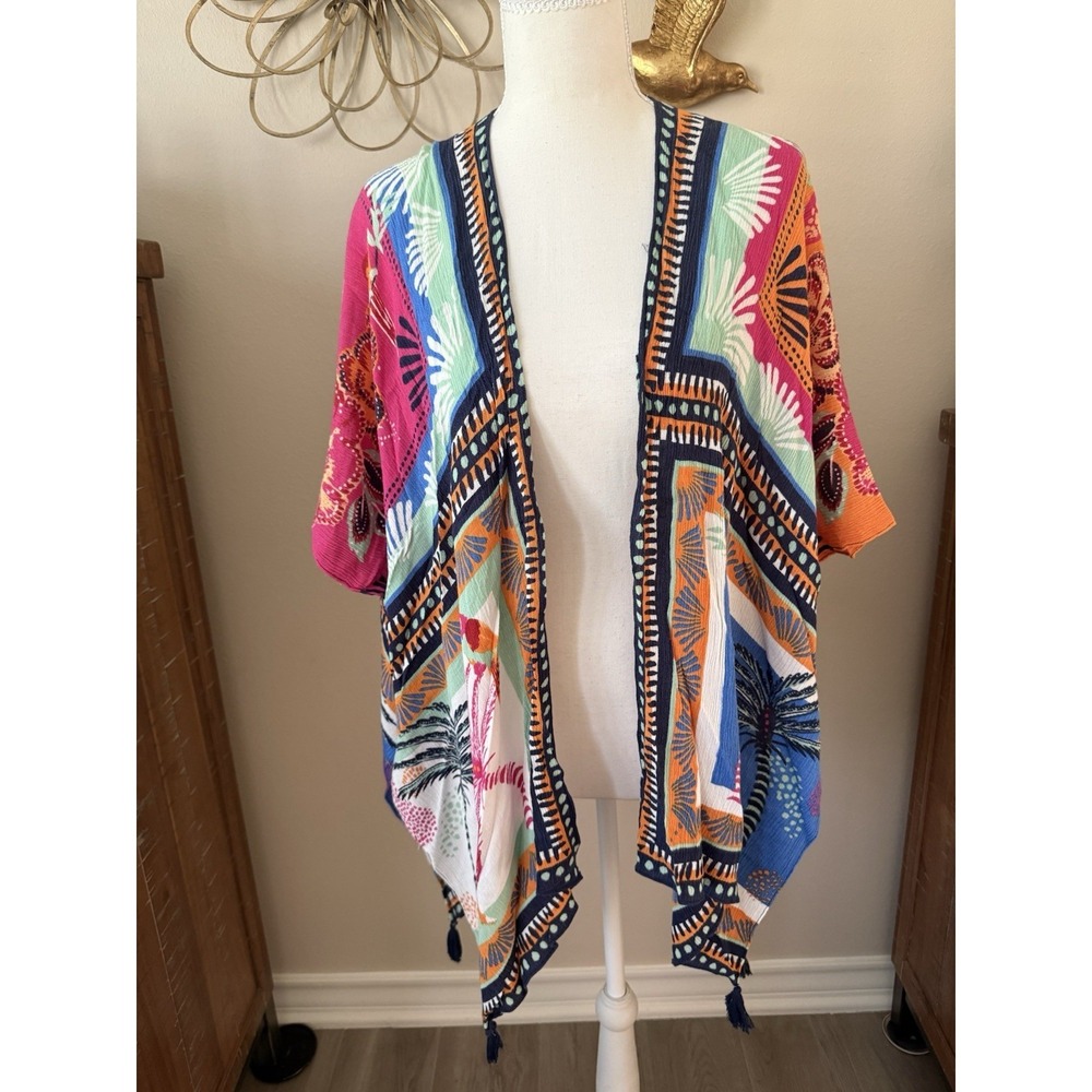 Nine West Colorful Floral Tassel Kimono Cover Up Lightweight Vacation